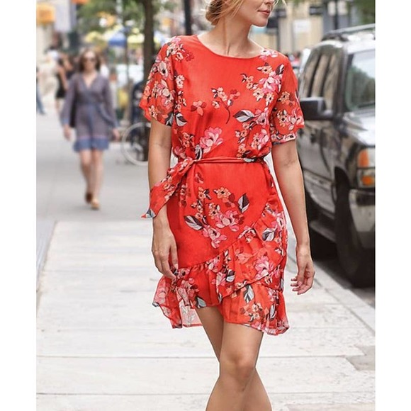 a new day Dresses & Skirts - 3/$15 A New Day Floral Print Short Sleeve Ruffle Wrap Dress in Red